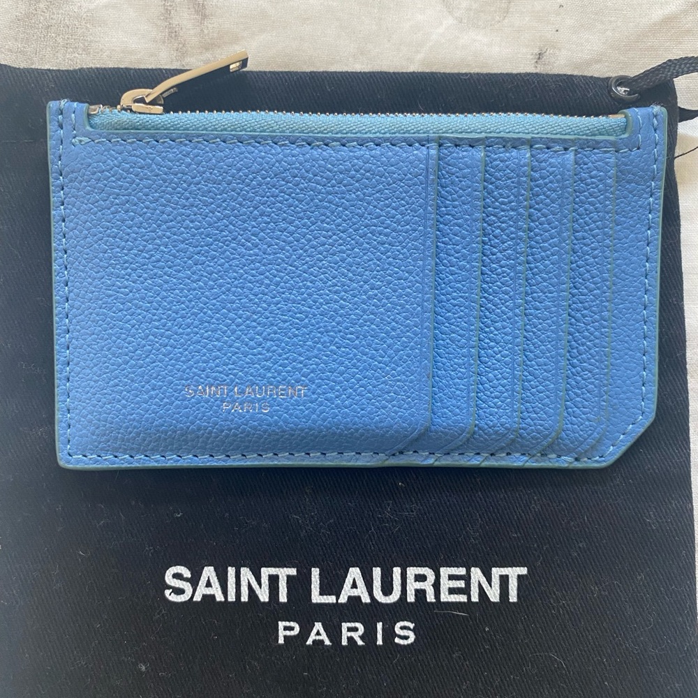 Saint Laurent Fragment Blue Zip Grained Leather Cardholder